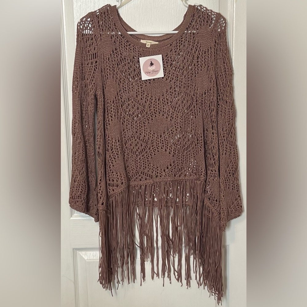Easel Mauve Brown Knit Top with Fringe